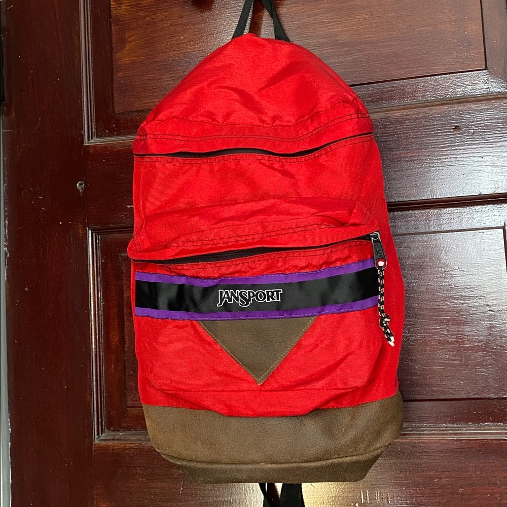 Vintage 90s Jansport Backpack- Red Nylon/Purple With Flat Leather Bottom-Unisex